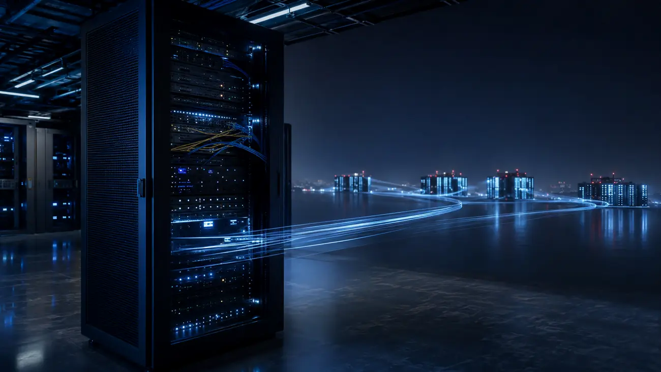 Ana sunucudan alınan web içeriğinin farklı şehirlerdeki edge sunucular üzerinden ziyaretçilere ulaştırılmasını gösteren gerçekçi veri merkezi sahnesi