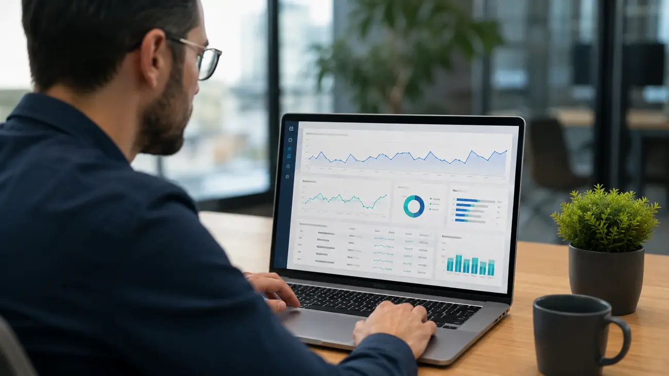 Dizüstü bilgisayarında web sitesi performans ve indeksleme verilerini inceleyen dijital pazarlama uzmanı